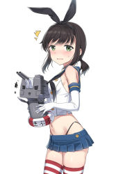 Rule 34 | 1girl, ^^^, alternate costume, bad id, bad pixiv id, black hair, blush, breasts, cnm, contrapposto, cosplay, cowboy shot, crop top, elbow gloves, embarrassed, female focus, from side, fubuki (kancolle), gloves, green eyes, hair ribbon, hairband, highleg, highleg panties, highres, innertube, kantai collection, microskirt, midriff, navel, panties, pleated skirt, ponytail, rensouhou-chan, ribbon, sailor collar, sailor shirt, shimakaze (kancolle), shimakaze (kancolle) (cosplay), shirt, short ponytail, sidelocks, simple background, skirt, small breasts, solo, standing, string panties, striped clothes, striped thighhighs, sweatdrop, swim ring, thighhighs, underwear, wavy mouth, white background, white gloves