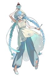 +_+ 1girl 37_(reverse:1999) :d absurdres blue_eyes blue_hair bonnet bracelet braid denim dress food highres holding holding_spoon ice_cream jeans jewelry long_bangs long_ribbon mary_janes nail_polish open_mouth pants reverse:1999 shoes smile solo spoon szztzzs twin_braids white_dress