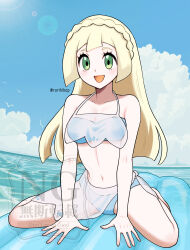 1girl :d absurdres bikini blonde_hair blue_bikini cloud collarbone commentary_request day eyelashes green_eyes happy highres inflatable_raft lillie_(pokemon) long_hair navel nintendo open_mouth outdoors pokemon pokemon_(anime) pokemon_sm_(anime) rurihikop sitting sky smile solo swimsuit twitter_username water watermark