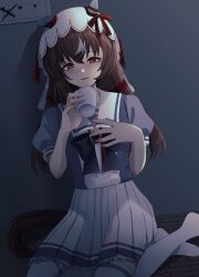 1girl absurdres against_wall breasts brown_hair calendar_(object) collarbone commentary_request hair_between_eyes hair_ornament highres horse_girl looking_at_viewer nakichi_n open_mouth ribbon school_uniform seiza sitting small_breasts solo still_in_love_(umamusume) thighhighs translation_request umamusume veil