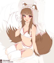 1girl absurdres animal_ear_fluff animal_ears arm_support blush bra breasts brown_hair commentary daisy_(flower) english_commentary fang flower flower_wreath garter_belt gloves hand_up head_wreath highres holo large_breasts large_tail likunea lingerie long_hair looking_at_viewer navel open_mouth panties patreon_logo patreon_username red_eyes seiza sitting smile spice_and_wolf tail thighhighs twitter_username twitter_x_logo underwear underwear_only veil very_long_hair white_bra white_flower white_garter_belt white_gloves white_panties white_thighhighs wolf_ears wolf_girl wolf_tail zoom_layer