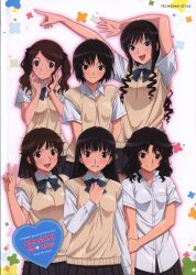 6+girls :d absurdres amagami arm_up arms_at_sides arms_up artbook artist_request ayatsuji_tsukasa black_bow black_bowtie black_hair black_hairband black_skirt blue_eyes blunt_bangs blush bow bowtie breast_pocket breasts brown_eyes brown_hair brown_sweater_vest collared_shirt copyright_name cover cover_page cowboy_shot curled_fingers dress_shirt hair_over_shoulder hairband hand_on_own_arm hand_on_own_chest hands_on_own_face heart highres kibito_high_school_uniform large_breasts long_hair long_sleeves looking_at_viewer loose_hair_strand medium_breasts medium_hair messy_hair mixed-language_text morishima_haruka multiple_girls nakata_sae nanasaki_ai no_bowtie non-web_source official_art open_mouth parted_lips pleated_skirt pocket ringlets sakurai_rihoko scan scan_artifacts school_uniform screentones shirt short_hair short_sleeves side-by-side skirt small_breasts smile standing summer_uniform sweater_vest swept_bangs tanamachi_kaoru teeth title translated twintails upper_teeth_only v wavy_hair white_background white_shirt