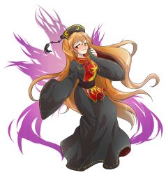 1girl alphes_(style) beads black_dress black_hat blush breasts chinese_clothes commentary_request crescent dairi dress energy fingernails fox_tail full_body hair_between_eyes hat highres junko_(touhou) large_variant_set long_fingernails long_hair long_sleeves medium_breasts multiple_tails orange_hair parody ribbon sash sleeves_past_wrists solo style_parody tabard tachi-e tail tassel touhou transparent_background turtleneck variant_set very_long_hair wide_sleeves yellow_ribbon
