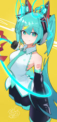 1girl absurdres animal_ear_headphones animal_ears aqua_eyes aqua_hair arms_at_sides bare_shoulders black_skirt breasts cable cable_tail cat_day cat_ear_headphones cat_ears closed_mouth collared_shirt cropped_torso detached_sleeves fake_animal_ears hatsune_miku headphones highres kinosuke_(pattaba) lightning_bolt_symbol looking_at_viewer mechanical_tail necktie power_symbol-shaped_pupils shirt signature skirt sleeveless sleeveless_shirt small_breasts smile symbol-shaped_pupils tail twintails upper_body vocaloid white_shirt yellow_background