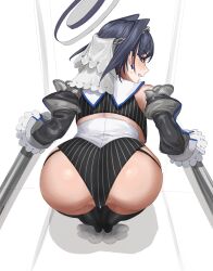 1girl absurdres ass ass_focus bent_over blue_eyes blue_hair blush breasts detached_sleeves earrings from_behind halo highres hololive hololive_english huge_ass jewelry jigger_e leaning_forward looking_at_viewer looking_back medium_hair ouro_kronii pov sideboob skindentation smile solo thighhighs underboob virtual_youtuber