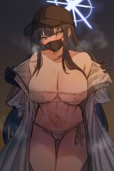1girl absurdres baseball_cap bikini black_gloves black_hair black_mask blue_archive breasts cleavage coat eyepatch_bikini gloves halo hat highres large_breasts long_hair mask micro_bikini mouth_mask nompang open_clothes open_coat saori_(blue_archive) side-tie_bikini_bottom swimsuit white_coat