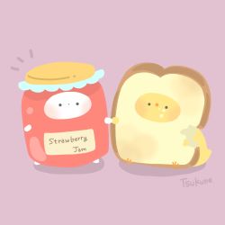 animal animal_focus artist_name baby_animal bird bread bread_slice chibi chick food food_focus friends fruit ghost halloween highres holding_hands jam jar no_humans original pink_background simple_background strawberry toast tsukune