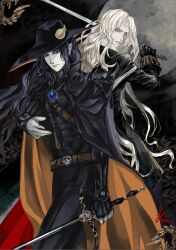 2boys absurdres alucard_(castlevania) armor back-to-back belt belt_buckle black_cape black_gloves black_hair black_hat black_pants brown_belt buckle cape castlevania:_symphony_of_the_night castlevania_(series) closed_mouth crossover d_(vampire_hunter_d) full_moon gem gloves hat highres holding holding_sword holding_weapon jewelry long_hair looking_at_viewer maggie15963 male_focus moon multiple_boys orange_cape pale_skin pants pendant shoulder_armor sword two-sided_fabric vampire_hunter_d weapon white_hair yellow_eyes