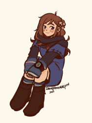 1girl artist_name black_boots black_scarf blue_dress blush boots brown_hair closed_mouth dated dress full_body highres kyokugen_dasshutsu kyokugen_dasshutsu:_9_jikan_9_nin_9_no_tobira long_hair long_sleeves marigoldflowerdays kurashiki_akane purple_eyes scarf simple_background sitting smile socks solo striped_clothes striped_socks watch white_background wristwatch