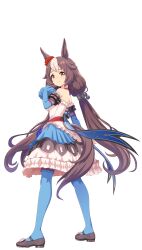 Rule 34 | 1girl, animal ears, bad link, black shoes, blue thighhighs, brown eyes, brown hair, detached sleeves, dress, full body, game model, hair ornament, hair scrunchie, highres, horse ears, horse girl, horse tail, long hair, looking at viewer, low twintails, multicolored hair, official art, red scrunchie, scrunchie, shoes, solo, tail, thighhighs, transparent background, twintails, two-tone hair, umamusume, white hair, yamanin zephyr (umamusume)