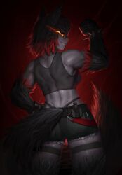 1girl absurdres animal_ears ass back bare_shoulders black_fur black_hair black_shirt black_shorts black_tail bracelet breasts brimstone_(vtuber) clenched_hand colored_skin commission cowboy_shot crop_top cropped_shirt dark_background dog_ears dog_girl dog_tail flaming_eyes from_behind gradient_hair grey_skin hand_on_own_hip hand_up highres indie_virtual_youtuber jewelry looking_back medium_breasts multicolored_hair muscular muscular_female numanoan parted_lips red_background red_fur red_hair shirt short_hair shorts skindentation slit_pupils smile solo spiked_bracelet spikes standing tail thigh_strap virtual_youtuber