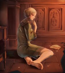 1girl barefoot blonde_hair braid commentary dress elden_ring english_commentary green_dress highres lahnillustration plant potted_plant rya_(elden_ring) sitting solo tile_floor tiles yokozuwari