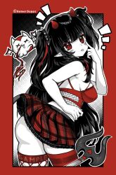 1girl ass black_hair blood blush bra breasts cillia clothes_lift copyright_notice demon_girl demon_horns demon_tail diamond-shaped_pupils diamond_(shape) fishnets highres horns indie_virtual_youtuber long_hair lucy_pyre multicolored_hair nosebleed o-ring official_art partially_colored plaid_clothes plaid_skirt pointy_ears red_bra red_eyes red_hair red_horns red_skirt red_thighhighs sample_watermark single_fishnet_legwear skirt skirt_lift spikes streaked_hair symbol-shaped_pupils tail thighhighs tongue tongue_out underwear virtual_youtuber watermark