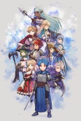 4boys 6+girls absurdres alain_(unicorn_overlord) arm_shield armor armored_boots blonde_hair blue_cloak blue_eyes blue_hair boots breastplate brown_hair chibi cloak commentary countdown_illustration dagger dark-skinned_female dark_skin dress drill_hair dual_wielding eltolinde_(unicorn_overlord) english_commentary fantasy fingerless_gloves full_body gauntlets gloves green_cloak green_eyes green_hair grey_hair hair_intakes hat highres holding holding_polearm holding_staff holding_sword holding_weapon knife long_hair looking_at_viewer multiple_boys multiple_girls pointy_ears polearm purple_cloak puzxle reaching red_cloak red_dress red_eyes red_hair rosalinde_(unicorn_overlord) scarlett_(unicorn_overlord) short_hair simple_background smile spiked_hair staff sword unicorn_overlord warrior weapon witch_hat