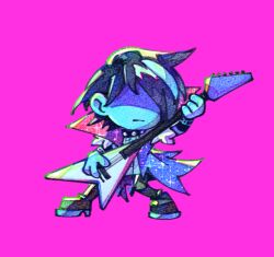 1other blue_skin chibi chibi_only colored_skin commentary deltarune electric_guitar english_commentary guitar holding instrument jumpingwjoy kris_(dark_world)_(deltarune) kris_(deltarune) kris_(lightners_live)_(deltarune) music playing_guitar playing_instrument sparkling_clothes standing