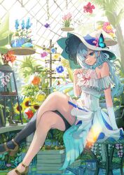 1girl black_thighhighs blue_bow blue_bowtie blue_dress blue_eyes blue_flower blue_hair blue_nails book bow bowtie breasts brown_footwear bucket closed_mouth commentary crossed_legs dress elbow_gloves eyes_visible_through_hair feet_out_of_frame fingernails flask flower gloves greenhouse hair_over_one_eye hand_up hanging_plant hat high_heels highres indoors long_hair looking_at_viewer microscope nail_polish on_stool orange_flower original pink_flower red_flower red_ribbon ribbon sakatsuki_yakumo single_bare_leg single_elbow_glove single_thighhigh sitting small_breasts smile solo sunflower thighhighs two-tone_dress white_dress white_gloves white_hat witch_hat yellow_flower