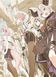 5girls :d animal_ear_fluff animal_ears arm_behind_back arm_belt arms_at_sides belt black_belt black_gloves black_horns black_pantyhose black_shorts black_skirt blonde_hair blue_eyes braid breasts building chain chest_harness choker closed_mouth collar commentary_request demon_girl demon_horns dutch_angle feet_out_of_frame fingerless_gloves fingernails from_below gloves grey_hair hair_between_eyes hair_ornament hairclip hakui_koyori hakui_koyori_(1st_costume) hands_on_own_hips harness highres hololive holox horns katana kazama_iroha kazama_iroha_(1st_costume) la+_darknesss la+_darknesss_(1st_costume) long_hair long_sleeves looking_afar looking_at_viewer medium_breasts metal_collar multicolored_hair multiple_girls nail_polish necktie open_mouth pantyhose pink_hair pointy_ears ponytail purple_eyes purple_horns red_eyes red_necktie ruins sakamata_chloe sakamata_chloe_(1st_costume) sheath sheathed shirt short_hair shorts sidelocks single_braid skirt sleeveless sleeveless_shirt small_breasts smile standing streaked_hair striped_horns sword sword_on_back tail takane_lui takane_lui_(1st_costume) tauyoshi728 teeth upper_teeth_only virtual_youtuber weapon weapon_on_back white_hair white_shirt wolf_ears wolf_girl wolf_tail yellow_eyes