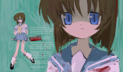 1girl blood bloody_weapon blue_eyes blue_sailor_collar brown_hair closed_mouth english_text hairo_(r228n) higurashi_no_naku_koro_ni looking_at_viewer mary_janes multiple_views nata_(tool) neckerchief ryuuguu_rena sailor_collar school_uniform shoes short_hair slit_pupils socks weapon white_socks yellow_neckerchief