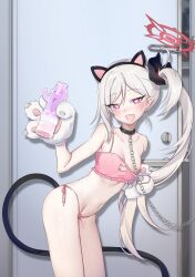 1girl :d absurdres alternate_costume animal_ears animal_hands bare_shoulders black_flower blue_archive blush bra bra_pull breasts cat_cutout cat_ear_panties cat_ears cat_lingerie cat_paws cat_tail chain chain_leash cleavage_cutout clothes_pull clothing_cutout collar fang flower frilled_bra frills gloves hair_ornament halo haniwa_(statue) heart heart-shaped_pupils highres holding leash long_hair looking_at_viewer meme_attire mutsuki_(blue_archive) nipples one_breast_out open_mouth panties paw_gloves pink_bra pink_panties pointy_ears purple_eyes red_halo side-tie_panties side_ponytail skin_fang small_breasts smile solo symbol-shaped_pupils tail underwear underwear_only very_long_hair white_hair xiao_jian