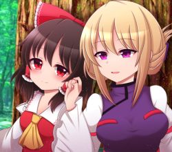 2girls ascot black_hair blonde_hair blush bow breasts collared_shirt commentary_request forest hair_bow hair_tubes hakurei_reimu hand_in_another&#039;s_hair medium_breasts multiple_girls nature no_headwear open_mouth purple_eyes red_bow red_eyes red_shirt shiohachi shirt tabard touhou tree updo upper_body wide_sleeves yakumo_yukari yellow_ascot yuri