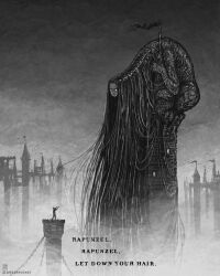 1boy 1girl 2020 absurdly_long_hair banner castle chain commentary crying dated eldritch_abomination english_commentary english_text flag greyscale grimm&#039;s_fairy_tales highres horror_(theme) jr_(jarsarts) long_hair medieval monochrome monster no_pupils prince princess rapunzel rapunzel_(grimm) tears tower very_long_hair