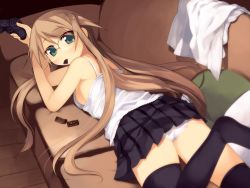 arima_senka black_legwear black_skirt breasts brown_hair candy chocolate controller eyebrows food game_console game_controller glasses green_eyes highres jpeg_artifacts kashiwamochi_yomogi long_hair nipple_slip nipples no_bra original panties playstation_2 pleated_skirt skirt thighhighs underwear wooden_floor