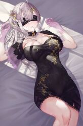 1girl ahoge bed_sheet black_choker black_dress blindfold blush breasts choker closed_mouth collarbone covered_eyes dress gloves grey_hair gurumyuu hair_in_own_mouth hashtag-only_commentary highres large_breasts long_hair lying nijisanji on_back pink_gloves short_sleeves solo sukoya_kana sukoya_kana_(9th_costume) thighs virtual_youtuber
