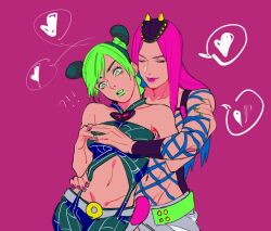 !? 1boy 1girl black_pants braid bun_with_braided_base double_bun drawn_heart fishnet_top fishnets green_eyes green_hair green_lips green_nails hair_bun hand_on_another&#039;s_arm hand_on_another&#039;s_chest hand_on_another&#039;s_waist hat heart hetero horned_hat jojo_no_kimyou_na_bouken kuujou_jolyne lighthouse_(lt_yummy) lipstick long_hair makeup midriff multicolored_hair narciso_anasui navel pants pink_background pink_hair pink_nails spider_web_print spoken_heart stone_ocean two-tone_hair