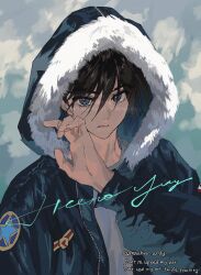 Rule 34 | 1boy, absurdres, blue eyes, brown hair, closed mouth, fur-trimmed jacket, fur trim, grey background, gundam, gundam wing, hair between eyes, hand up, heero yuy, highres, hood, hood up, jacket, looking at viewer, male focus, mashiro andy, military jacket, shirt, short hair, solo, twitter username, upper body, white shirt