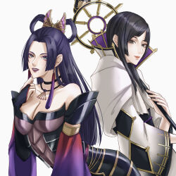 armor aya_gozen black_eyes black_hair breasts butterfly_hair_ornament choker cleavage detached_sleeves earrings grey_eyes hair_ornament high_collar japanese_clothes jewelry kimono large_breasts lips lipstick long_hair long_sleeves makeup mole mole_under_mouth necklace nouhime obi parted_bangs purple_hair sash sengoku_musou shawl smile staff tassel tassel_earrings