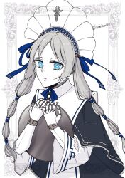 1girl android blue_eyes dress ender_lilies_quietus_of_the_knights ender_magnolia_bloom_in_the_mist expressionless grey_hair holding holding_tray joints long_hair looking_at_viewer lorna_(ender_magnolia) maid robot_joints solo sorakaze_(mire) tray twintails upper_body
