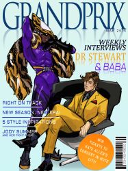 Rule 34 | 2boys, alternate costume, baba (f-zero), barcode, belt, blue background, blue eyes, bodysuit, boots, brown hair, chair, cover, crossed legs, dark-skinned male, dark skin, domino mask, dr. stewart, english text, f-zero, fake magazine cover, formal clothes, gloves, grin, helmet, high heel boots, high heels, highres, looking at viewer, magazine cover, mask, monkii (mjooolnina), multiple boys, muscular, muscular male, necktie, nintendo, pelt, shoes, sitting, smile, suit
