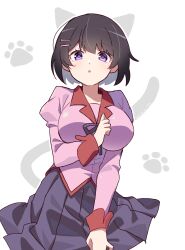 1girl =_hair_ornament absurdres black_hair black_skirt drawn_ears drawn_tail hair_ornament hairclip hanekawa_tsubasa highres juliet_sleeves long_sleeves looking_at_viewer manimani_(mani_ma) monogatari_(series) naoetsu_high_school_uniform paw_print pleated_skirt puffy_sleeves purple_eyes purple_shirt ribbon school_uniform shirt short_hair simple_background skirt solo white_background