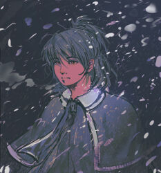 1other adagumo_no_saragimaru androgynous bingkuaihei black_background black_shirt breath capelet chinese_commentary closed_mouth cold collared_capelet commentary_request expressionless green_hair hair_between_eyes hair_ornament high_ponytail japanese_clothes len&#039;en light_frown lips looking_at_viewer medium_hair night other_focus outdoors ponytail purple_capelet realistic red_eyes shirt short_ponytail snake_hair_ornament snowing solo thick_eyebrows upper_body winter
