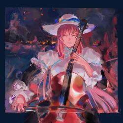 1girl ashashio blue_border border breasts cello closed_eyes dress fire hat highres instrument large_breasts light_smile music ootori_kanae_(soukou_akki_muramasa) painterly parted_lips pink_hair playing_instrument soukou_akki_muramasa sun_hat white_dress
