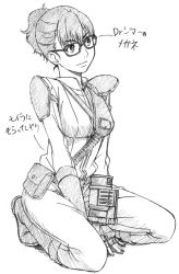 1girl fallout fallout_3 female_focus glasses greyscale kneeling lone_wanderer monochrome original sawa_jaaji short_hair shoulder_pads solo squatting translation_request vault_jumpsuit_(fallout_3) vault_suit