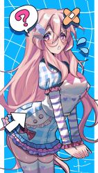 1girl ? arrow_(symbol) bandages blue_background border bow breasts buttons colored_stripes confused denim denim_skirt frilled_skirt frills gingham gingham_skirt glasses hair_ornament heart highres katagiri_yuuhi_(paulowniayuuhi) long_hair lucky_star pink_eyes pink_frills pink_hair red_bow shadow shirt skirt sweatdrop takara_miyuki thighhighs thighs white_border