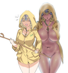 Rule 34 | 1girl, bead necklace, beads, blonde hair, blush, breasts, cane, closed eyes, cross, cross necklace, das (dan dan), fate/apocrypha, fate (series), headpiece, highres, jeanne d&#039;arc (fate), jeanne d&#039;arc (ruler) (fate), jewelry, jubilee 2025, large breasts, luce (jubilee 2025), multiple views, naked raincoat, navel, necklace, open mouth, raincoat, rosary, short hair, smile, stomach, yellow raincoat