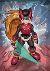 armor black_eyes blonde_hair copy_x_(mega_man) energy_sword forehead_jewel full_body helmet highres holding holding_sword holding_weapon long_hair male_focus mega_man_(series) mega_man_zero_(series) multiple_boys pantheon_(mega_man) red_armor red_helmet saiykik solo_focus sword weapon z_saber zero(z)_(mega_man) zero_(mega_man)