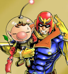 2boys abs brown_hair captain_falcon carrying f-zero gloves grin helmet koma_(side) leaf lowres male_focus multiple_boys muscular nintendo nose olimar pikmin_(creature) pikmin_(series) pointy_ears salute scarf smile spacesuit super_smash_bros. sweatdrop two-finger_salute