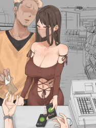 1girl 2boys absurdres breasts brown_dress brown_eyes brown_hair buying_condoms cleavage clothing_cutout condom condom_box covered_erect_nipples dress earrings faceless faceless_male facing_viewer highres hoop_earrings huge_breasts jewelry laliberte long_hair mask mother_and_son motherly_netorare multiple_boys navel_cutout netorare pov sweat
