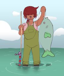 1girl 1shermieaday bodysuit boots dark-skinned_female dark_skin earrings female_focus fish fishing fishing_rod jewelry long_hair outdoors ponytail red_hair shermie_(kof) shirt smile smiley_face tan the_king_of_fighters twintails water wet