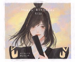 1boy black_hair black_hanfu border brown_eyes chinese_clothes closed_mouth dated eyelashes floating_hair folded_fan folding_fan hand_fan hanfu happy_birthday highres holding holding_fan long_hair looking_at_viewer medium_hair modao_zushi nie_huaisang ojisan_rbt outside_border portrait sky smile solo topknot twitter_username upper_body white_border