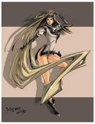 1girl arc_system_works bare_legs blonde_hair blue_eyes boots breasts dress elbow_gloves female_focus fingerless_gloves full_body gloves guilty_gear headband irving-zero large_breasts long_hair millia_rage prehensile_hair short_dress solo very_long_hair