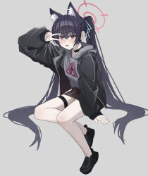 1girl :d absurdres abydos_high_school_logo alternate_costume animal_ear_fluff animal_ears arm_at_side black_choker black_hair black_jacket black_shoes black_skirt blue_archive blue_ribbon blush cat_ears cat_girl choker commentary cross-laced_shoes doumu_(31678316) extra_ears full_body grey_background grey_hoodie hair_between_eyes hair_ribbon halo hand_up highres hood hood_down hoodie invisible_chair jacket long_hair looking_at_viewer miniskirt open_clothes open_jacket open_mouth pencil_skirt pink_halo print_hoodie red_eyes ribbon serika_(blue_archive) shoes simple_background sitting skirt sleeves_past_wrists smile solo straight_hair thigh_strap twintails v v_over_eye very_long_hair