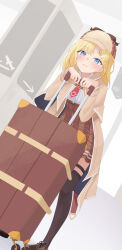 Rule 34 | 1girl, absurdres, black socks, blonde hair, blue eyes, blush, bob cut, commentary, detective, graduation, hair ornament, hat, highres, holding, hololive, hololive english, kurushiro1102, long sleeves, looking at viewer, mustache print, necktie, plaid clothes, plaid skirt, red necktie, shirt, short hair, simple background, skirt, smile, socks, solo, suitcase, virtual youtuber, watson amelia, watson amelia (1st costume), white shirt