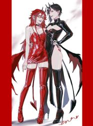 Rule 34 | alternate costume, black hair, boots, covered erect nipples, covered navel, demon horns, demon tail, dress, ena33333333, eyewear strap, glasses, grell sutcliff, high heel boots, high heels, highres, horns, kuroshitsuji, latex, latex dress, long hair, pale skin, pointy ears, red-framed eyewear, red hair, sebastian michaelis, sharp teeth, skinny, smile, tail, teeth, thigh boots, wings