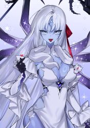 1girl absurdres bare_shoulders blue_eyes blue_skin breasts cleavage colored_skin dress earrings extra_arms fate/grand_order fate_(series) hair_ribbon highres jewelry kali_(fate) kali_(fgo_fes._2025)_(fate) large_breasts long_hair looking_at_viewer ribbon siho_is_alien snake solo third_eye very_long_hair white_dress white_hair