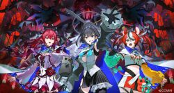 3girls absurdres animal_ears asymmetrical_sleeves bilingual_commentary black_gloves black_hair black_skirt black_thighhighs blue_bow blue_bowtie blue_eyes blue_hair bow bowtie breasts chain chain_headband clothes_writing colored_tips commentary copyright_notice cropped_shirt crystal_wings detached_sleeves detached_wings double-parted_bangs double_halo dress earrings english_commentary enigmatic_recollection fanged_bangs frilled_skirt frilled_sleeves frills gloves green_sleeves hair_between_eyes hair_intakes hakos_baelz hakos_baelz_(1st_costume) half-skirt halo headband highres hololive hololive_english horns irys_(hololive) irys_(irys_2.0)_(hololive) jewelry juliet_sleeves large_breasts long_hair long_sleeves low-tied_long_hair mechanical_halo mini_wings miniskirt mismatched_sleeves mixed-language_commentary mouse_ears mouse_girl multicolored_hair multicolored_skirt multiple_girls navel official_art open_mouth ouro_kronii ouro_kronii_(1st_costume) outstretched_arm pink_eyes pinstripe_pattern pinstripe_skirt pleated_skirt pointy_ears puffy_sleeves purple_hair red_hair shirt short_dress short_hair single_glove skirt star_halo streaked_hair teru2307 thigh_strap thighhighs twintails veil very_long_hair vest virtual_youtuber white_dress white_hair white_shirt white_sleeves white_veil white_vest wide_sleeves wings yellow_sleeves