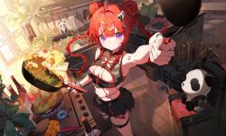 1girl bare_arms braid cooking cooking_pot double_bun hair_bun kitchen standing thigh_strap twin_braids virtual_youtuber zetto023